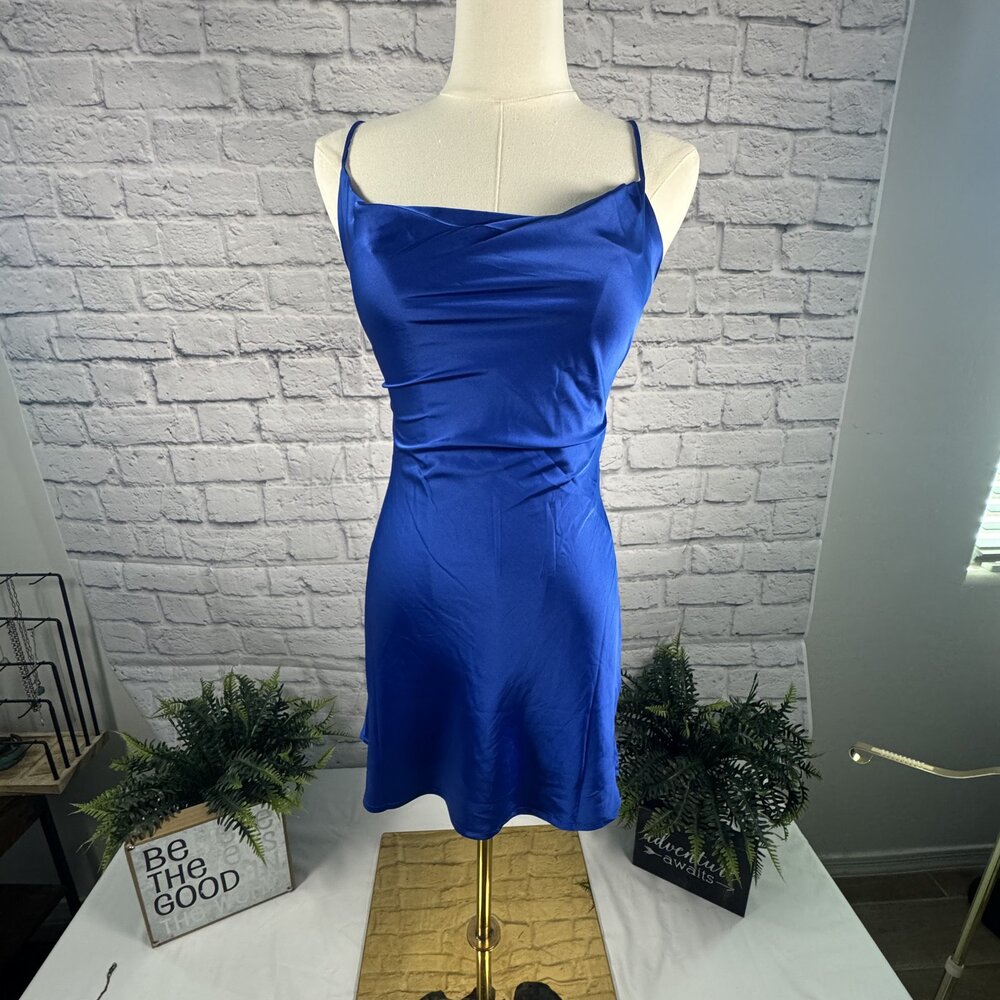 Thats So Fetch Royal Blue Satin Cowl Neck Open Back Mini Slip Dress AU 6 US 2